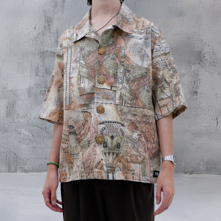 Mens Egypt Art Button Down Oversized Top Short Sleeve