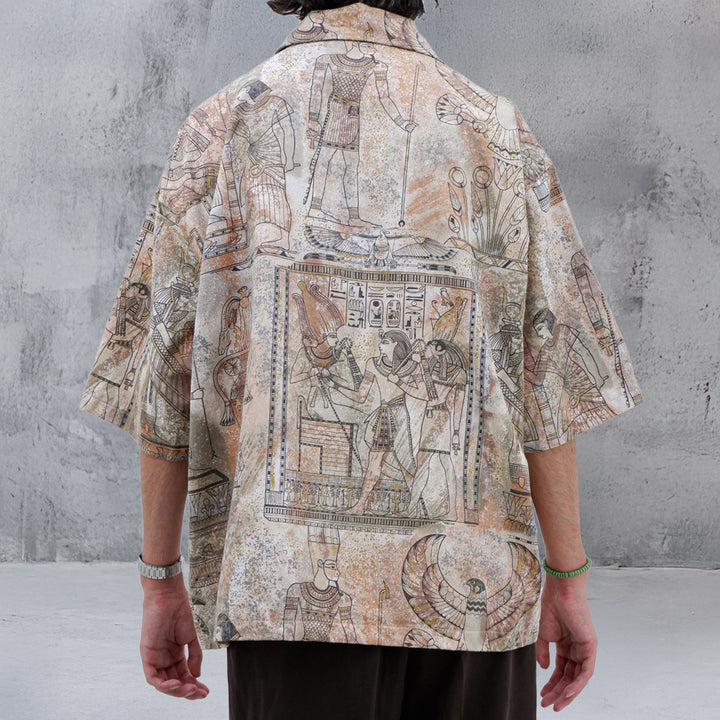 Mens Egypt Art Button Down Oversized Top Short Sleeve