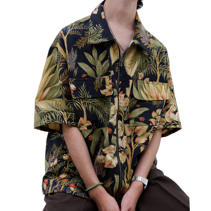 Mens Leaf Print Full Zip Oversized Top Short Sleeve