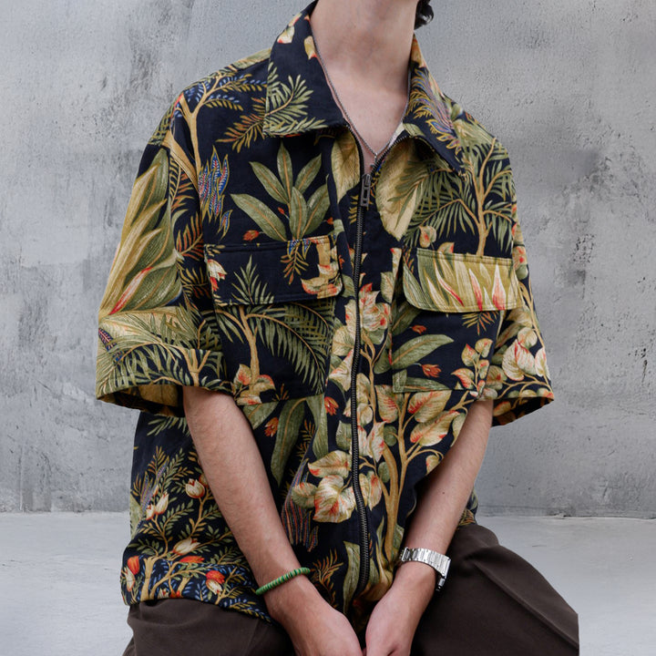 Mens Leaf Print Full Zip Oversized Top Short Sleeve