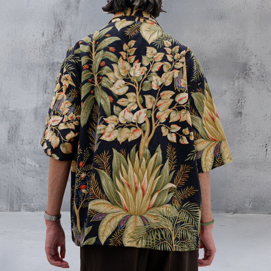 Mens Leaf Print Full Zip Oversized Top Short Sleeve