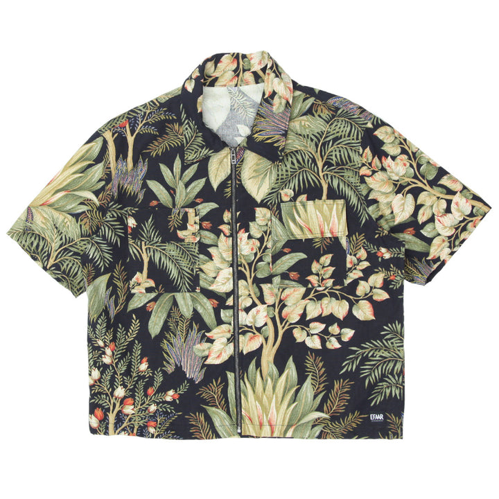 Mens Leaf Print Full Zip Oversized Top Short Sleeve