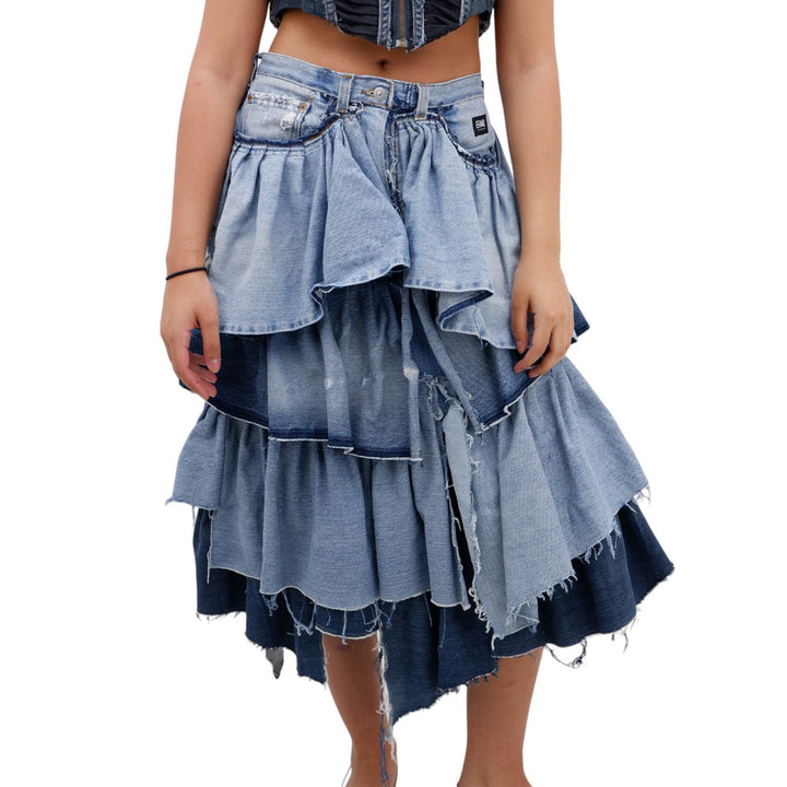 Ladies Layered Ruffled Distressed Denim Skirt