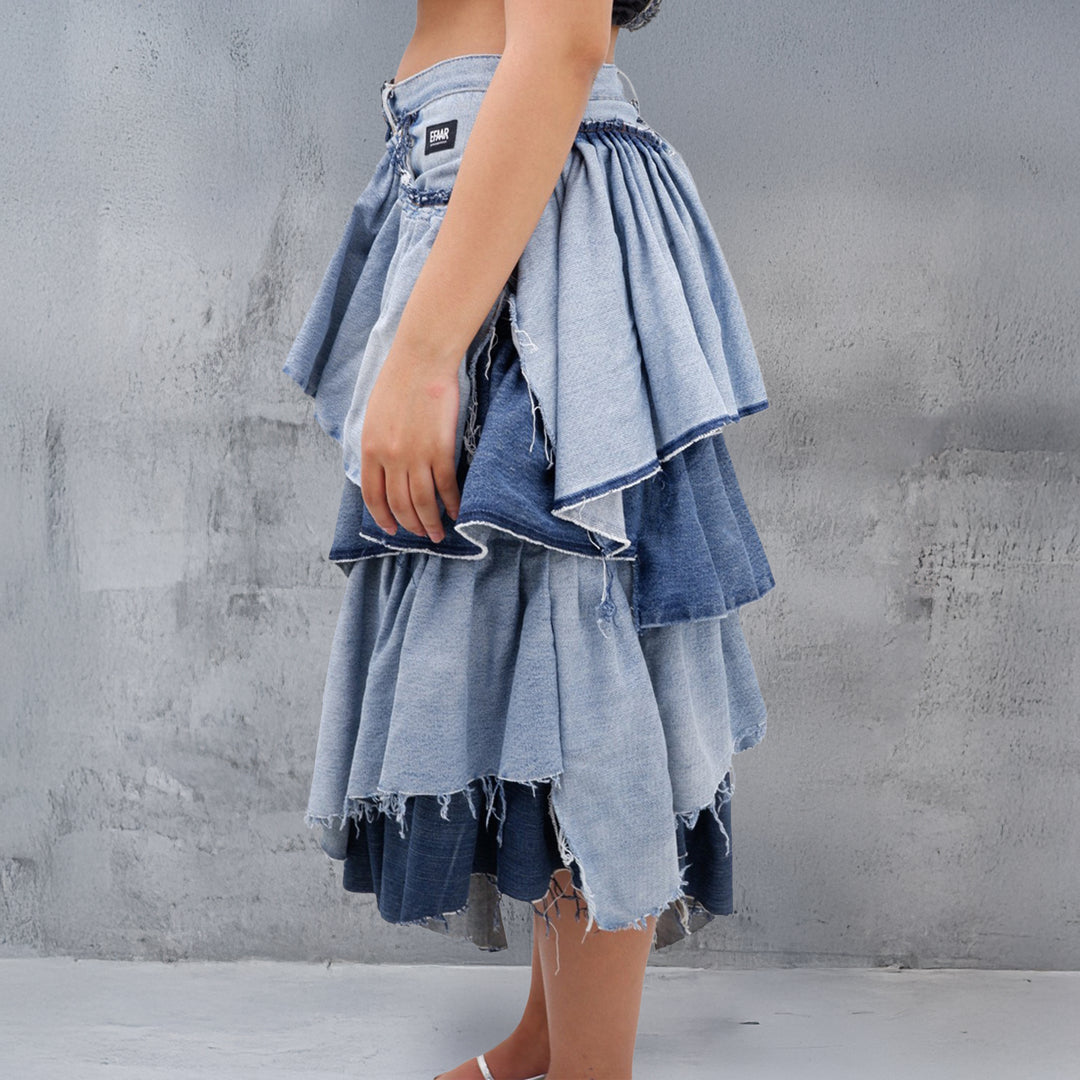 Ladies Layered Ruffled Distressed Denim Skirt – Efaar