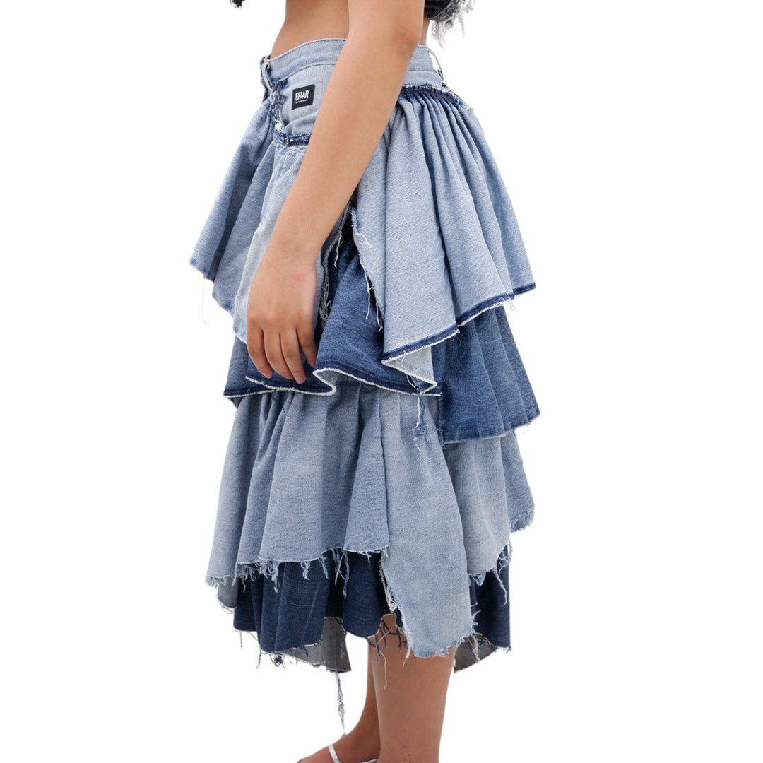 Ladies Layered Ruffled Distressed Denim Skirt