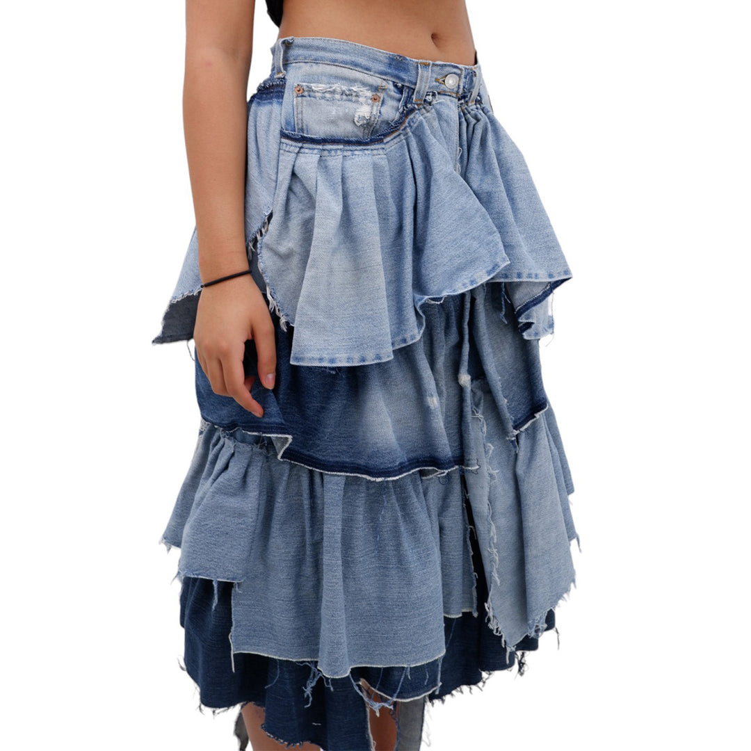 Ladies Layered Ruffled Distressed Denim Skirt