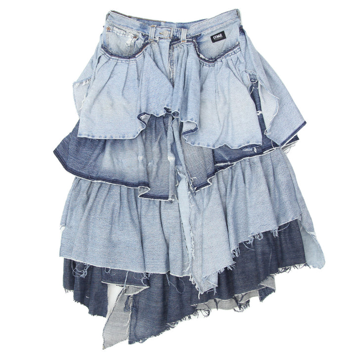 Ladies Layered Ruffled Distressed Denim Skirt