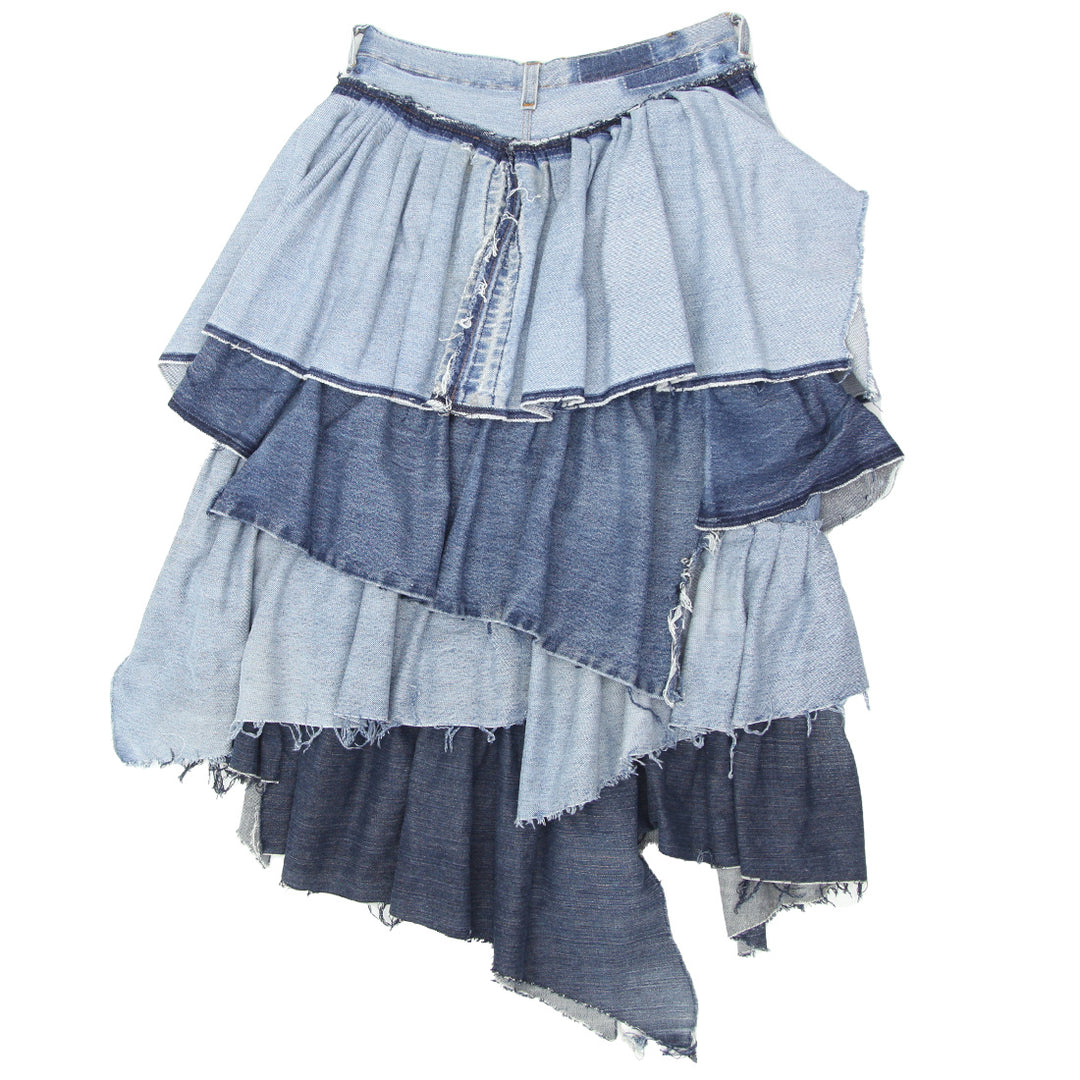 Ladies Layered Ruffled Distressed Denim Skirt