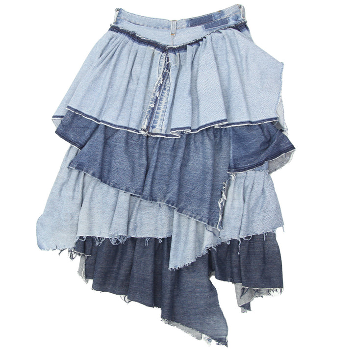 Ladies Layered Ruffled Distressed Denim Skirt