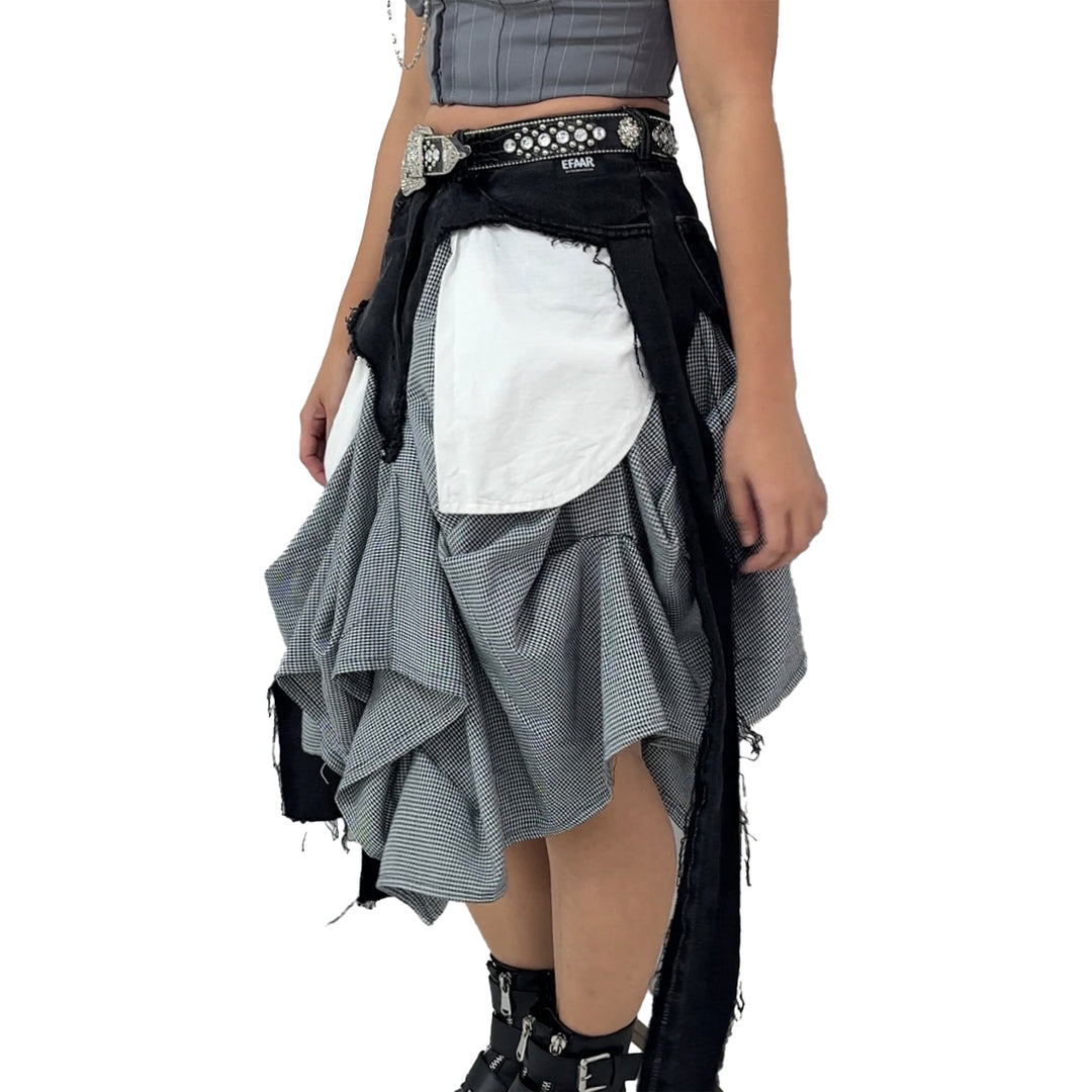 Ladies Denim Houndstooth Balloon Distressed Skirt