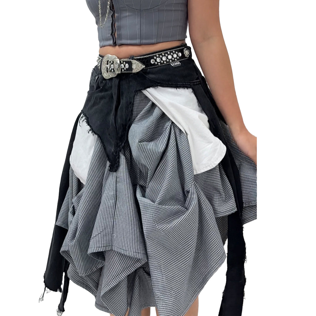 Ladies Denim Houndstooth Balloon Distressed Skirt