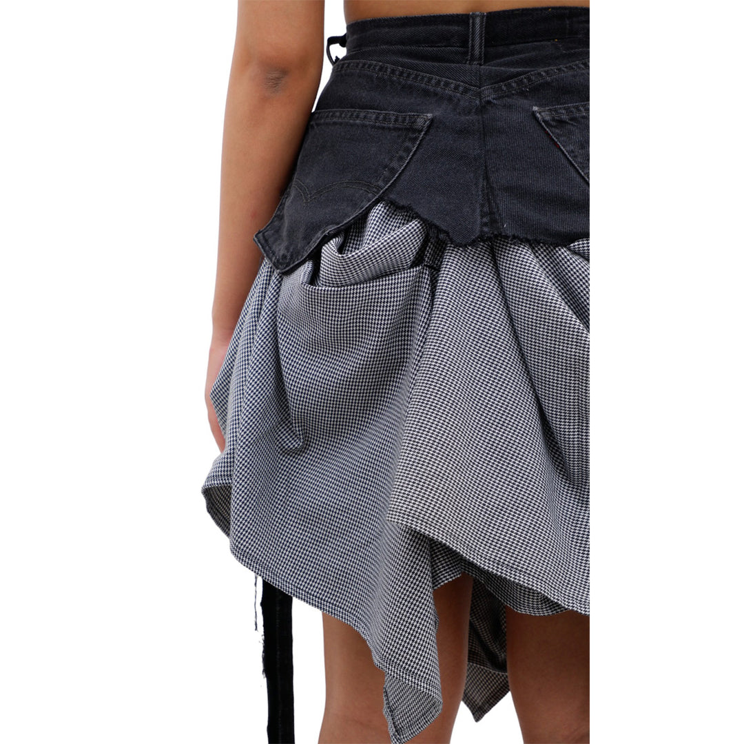 Ladies Denim Houndstooth Balloon Distressed Skirt