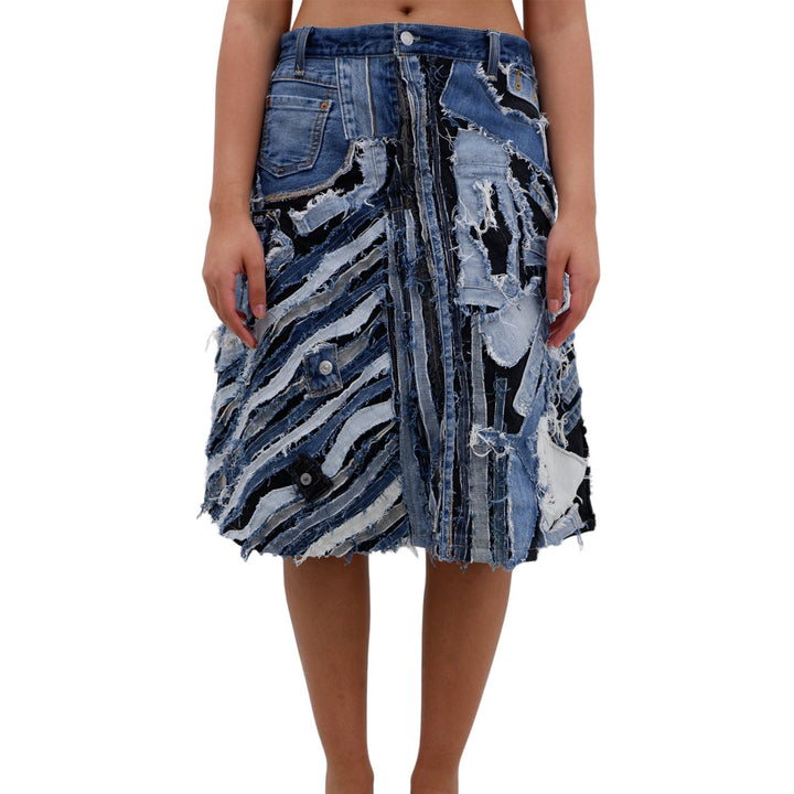 Ladies Patched Distressed  A-Line Denim Skirt