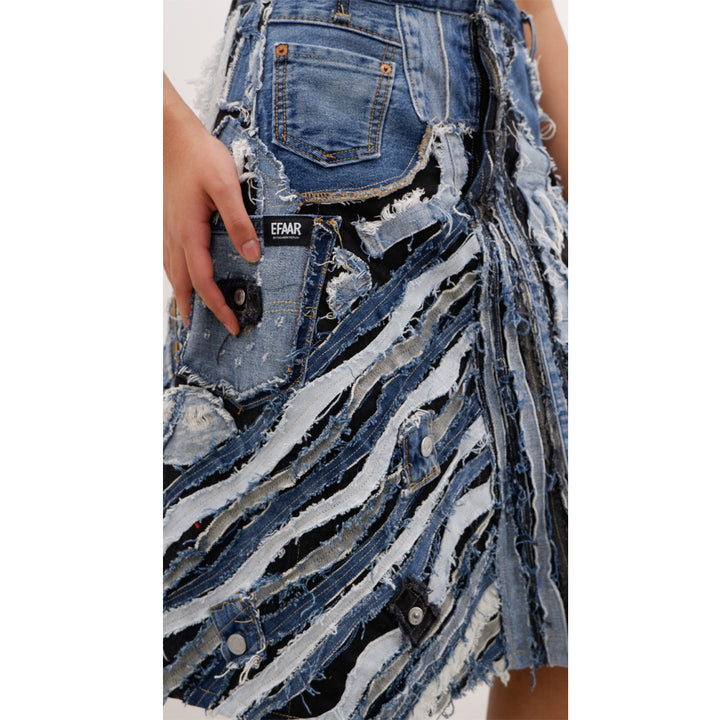 Ladies Patched Distressed  A-Line Denim Skirt