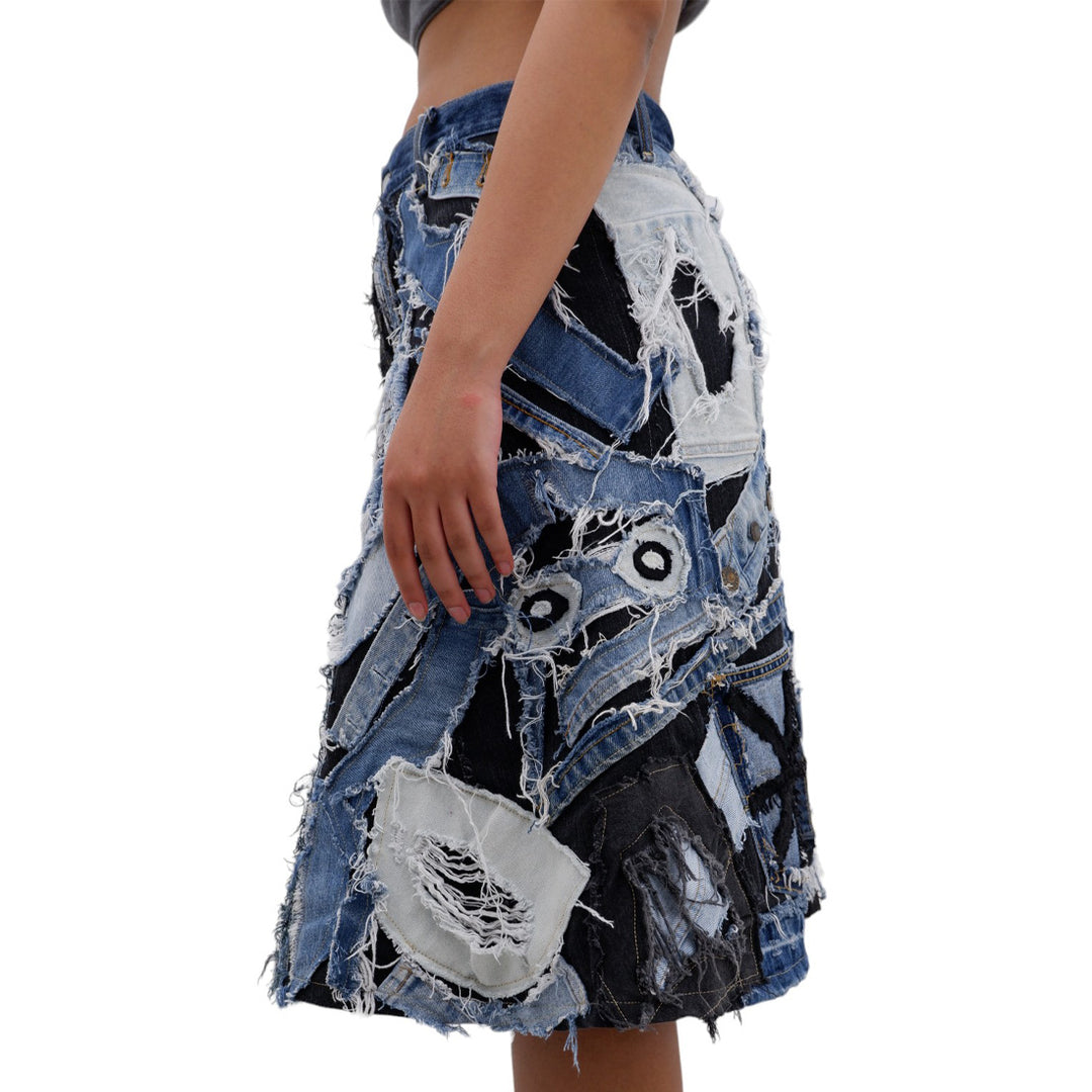 Ladies Patched Distressed  A-Line Denim Skirt