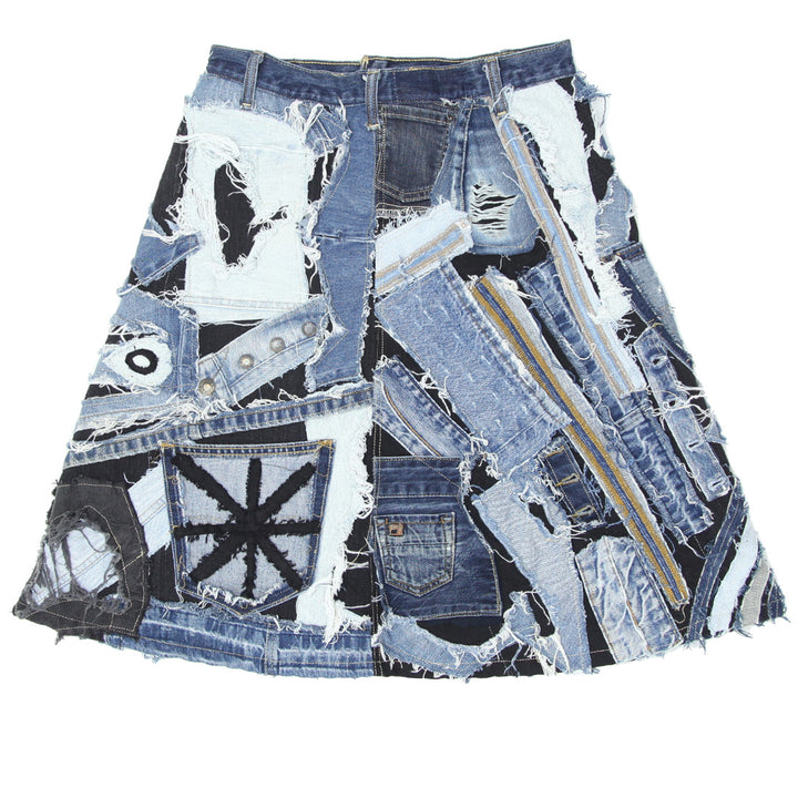 Ladies Patched Distressed  A-Line Denim Skirt