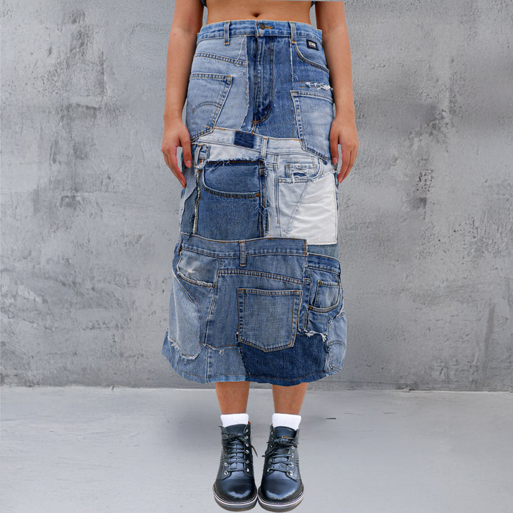 Ladies A-Line Patched Denim Maxi Skirt