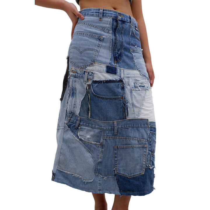 Ladies A-Line Patched Denim Maxi Skirt