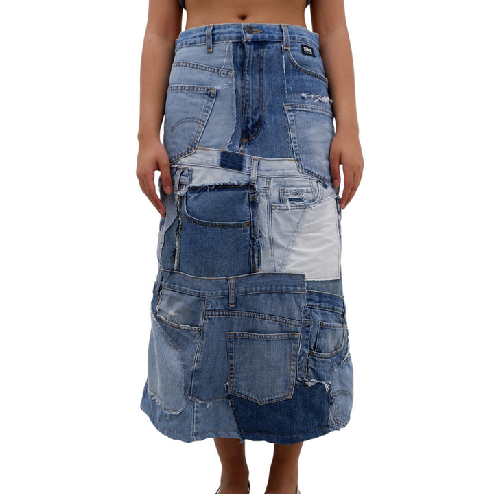 Ladies A-Line Patched Denim Maxi Skirt