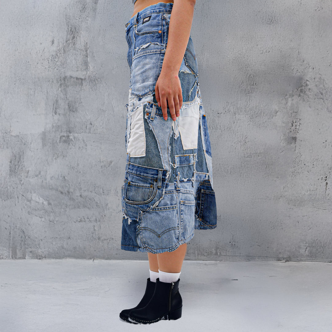 Ladies A-Line Patched Denim Maxi Skirt