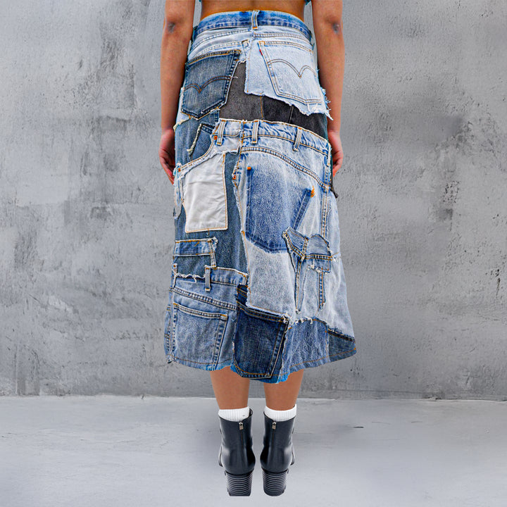 Ladies A-Line Patched Denim Maxi Skirt