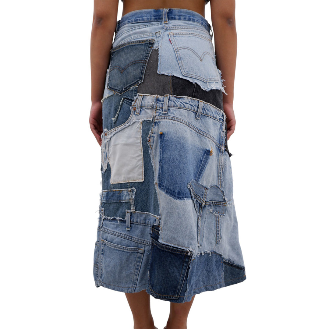 Ladies A-Line Patched Denim Maxi Skirt