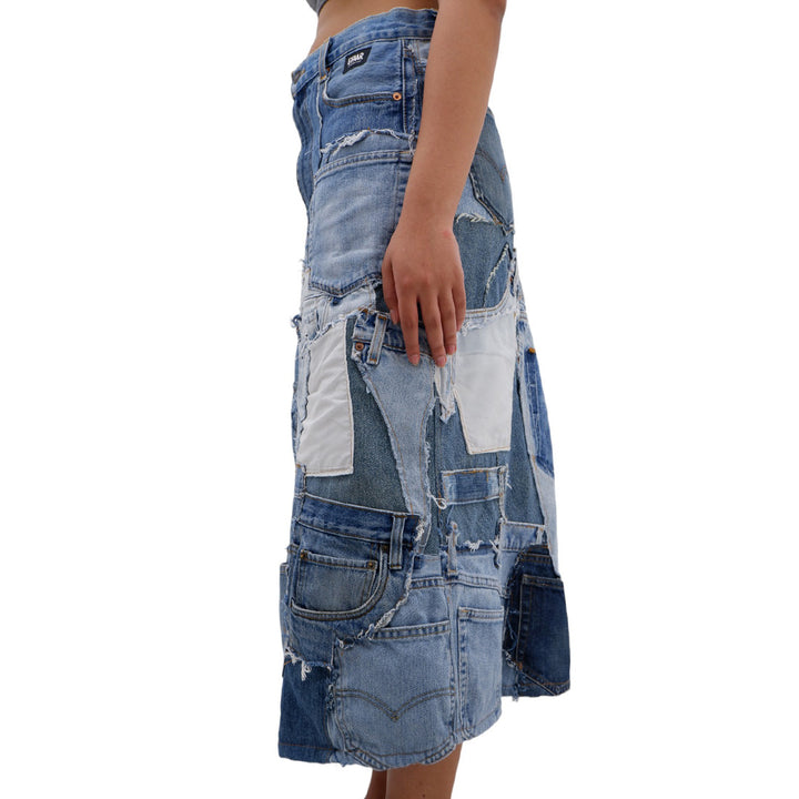 Ladies A-Line Patched Denim Maxi Skirt