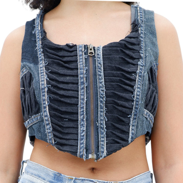 Ladies Denim Pintuck Sleeveless Crop Top