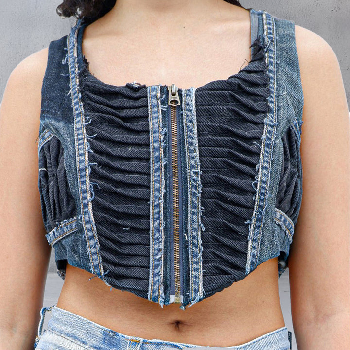 Ladies Denim Pintuck Sleeveless Crop Top