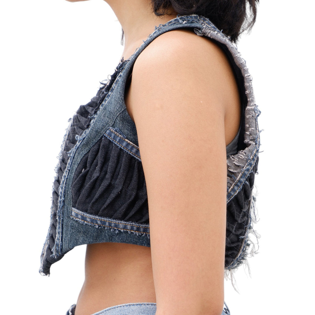 Ladies Denim Pintuck Sleeveless Crop Top