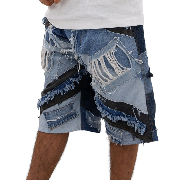 Mens Denim Patched Distressed Jorts