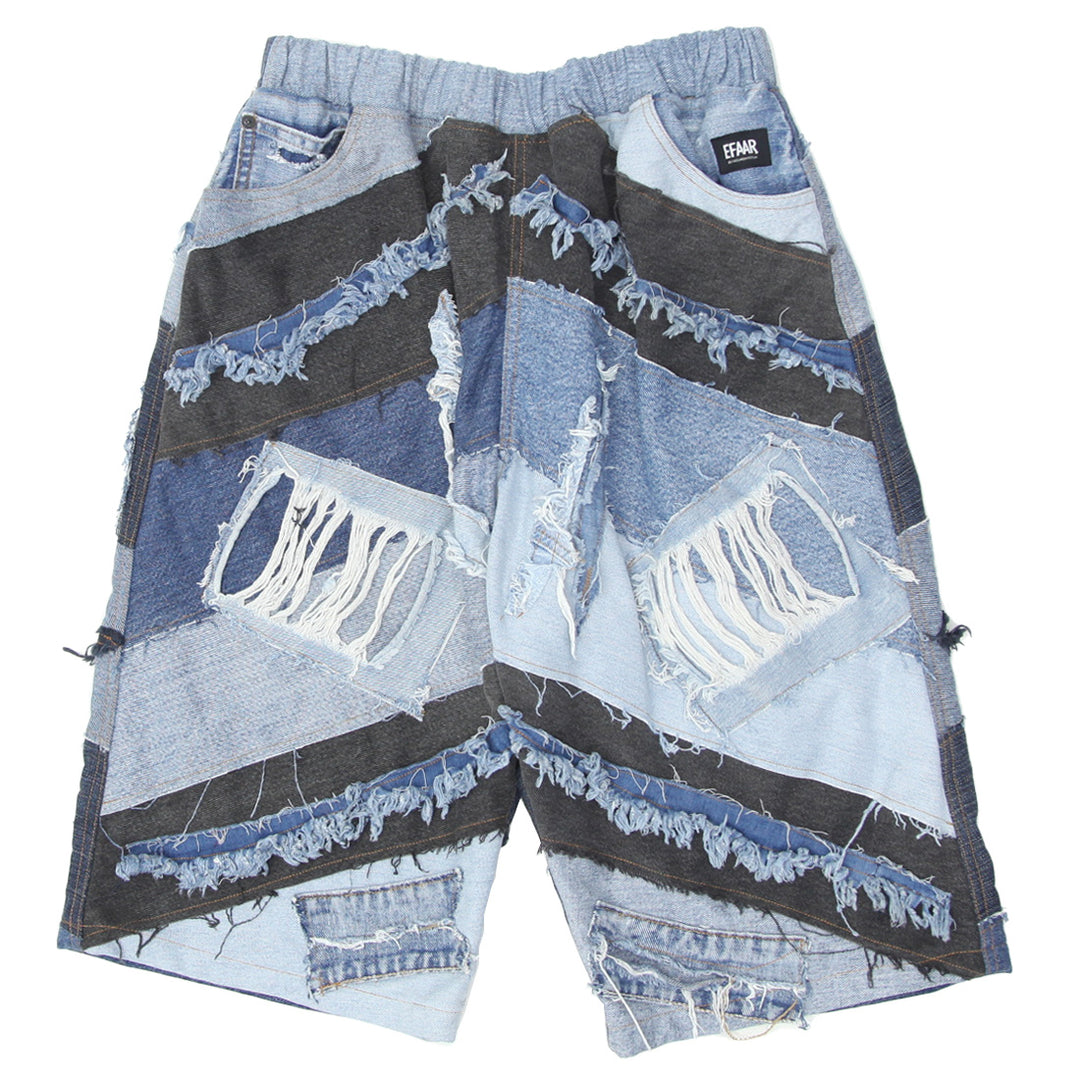 Mens Denim Patched Distressed Jorts