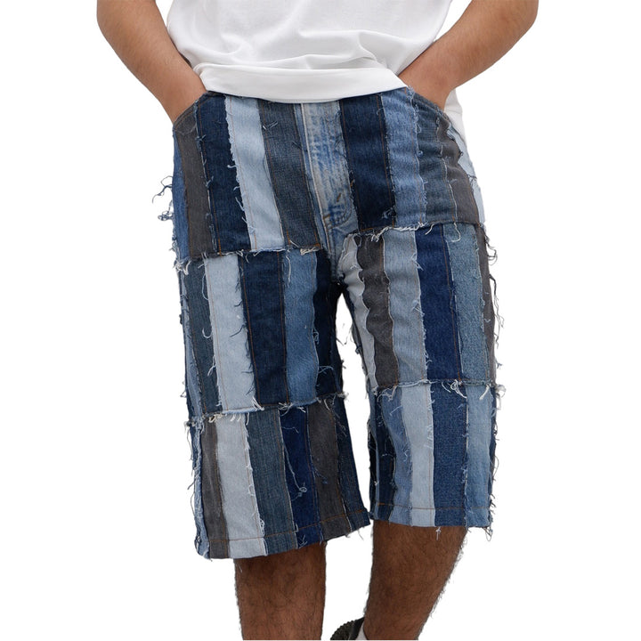 Denim Vertical Patched Distressed Jorts Unisex