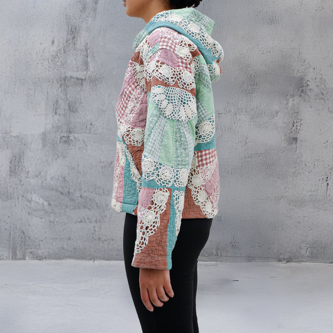 Ladies Crochet Floral Quilted Hoodie