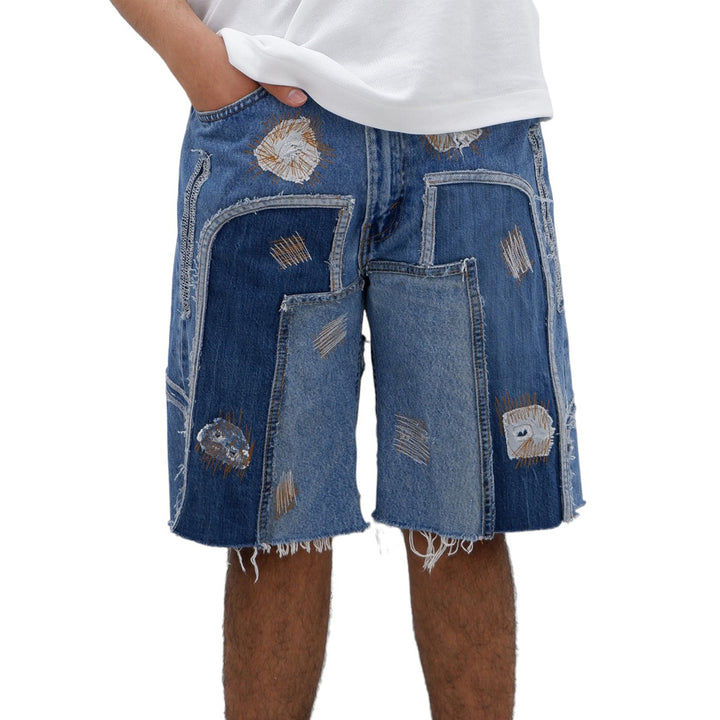 Denim Stitched Details Ripped Jorts Unisex