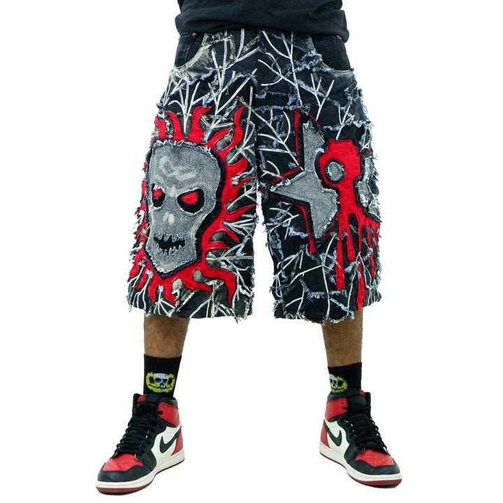 Distressed Skull Patched Denim Jorts Unisex