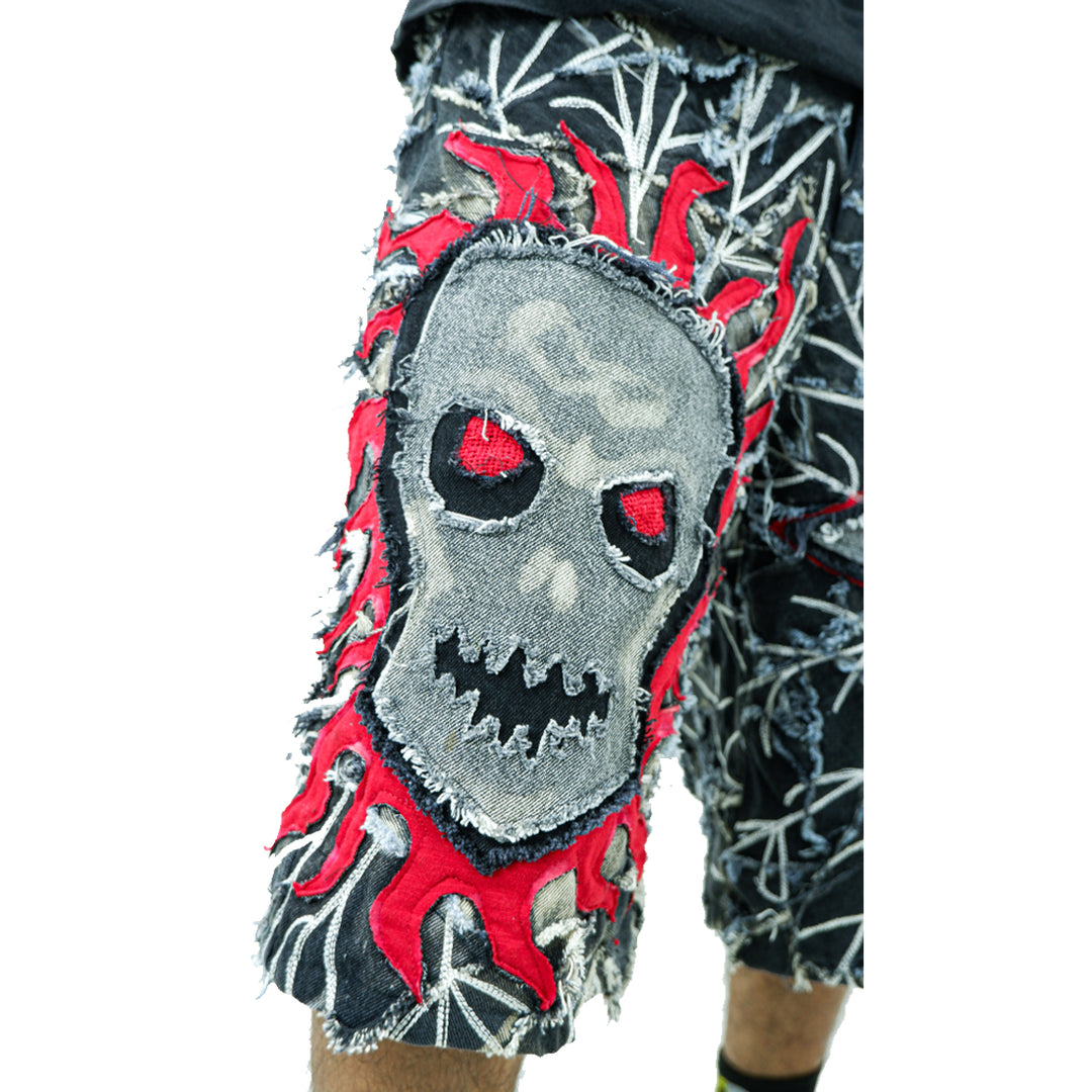 Distressed Skull Patched Denim Jorts Unisex