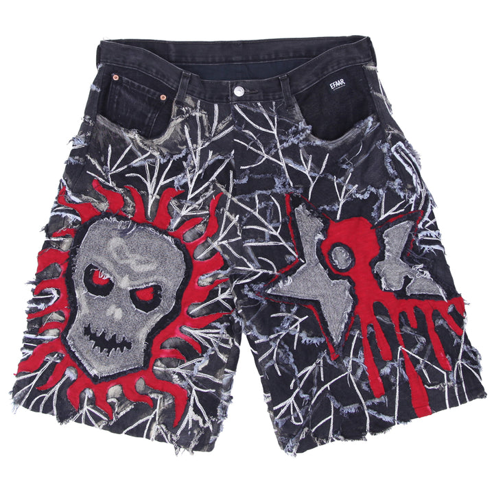 Distressed Skull Patched Denim Jorts Unisex