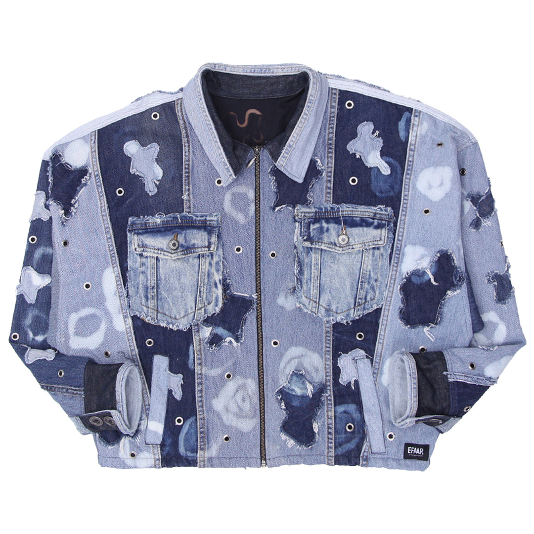 Eyelet Detailed Denim Patched Jacket Unisex