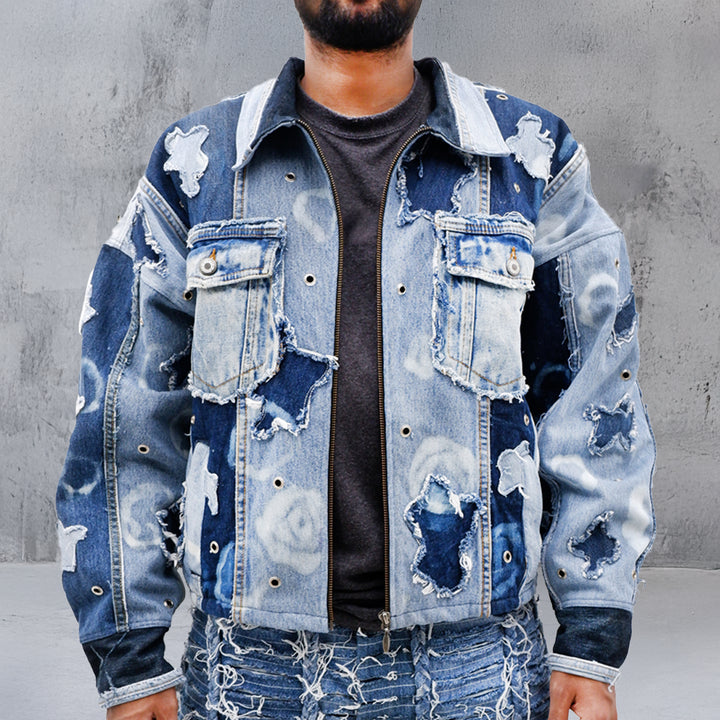 Eyelet Detailed Denim Patched Jacket Unisex