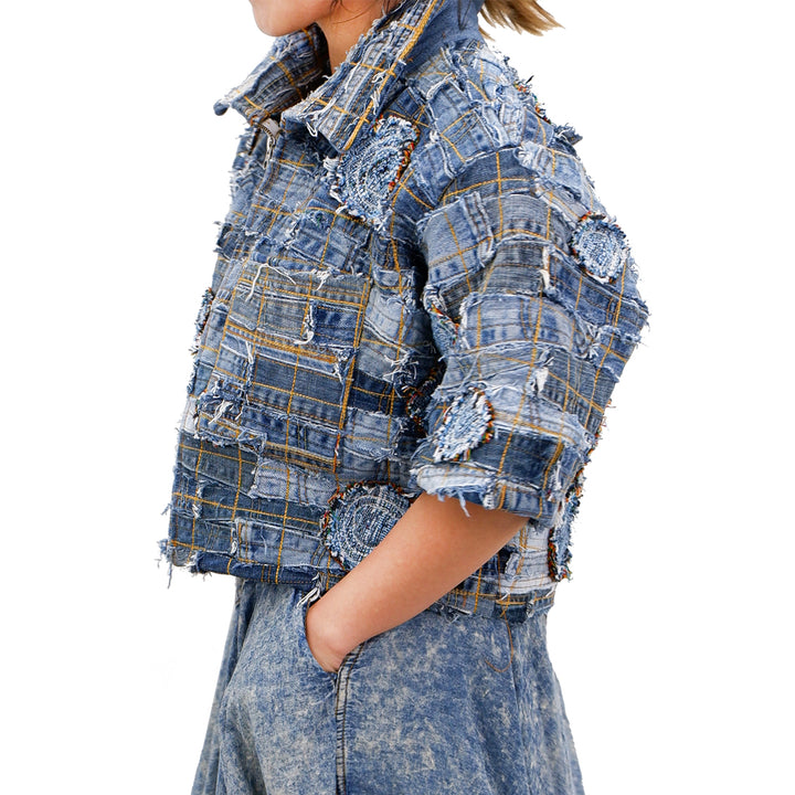 Cropped Patched Baggy Fit Denim Jacket Short Sleeve