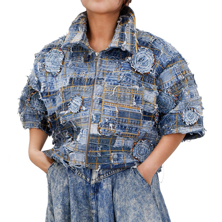 Cropped Patched Baggy Fit Denim Jacket Short Sleeve