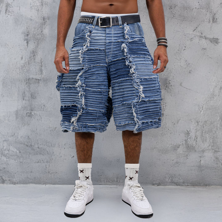 Pintuck Detailed Distressed Denim Jorts Unisex