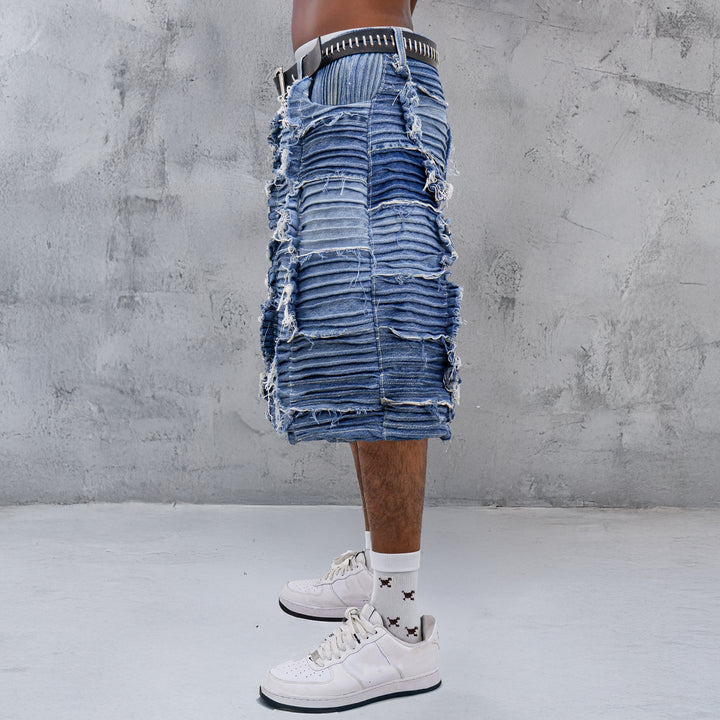 Pintuck Detailed Distressed Denim Jorts Unisex