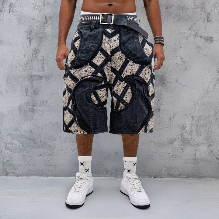 Knit Patched Moon Shaped Pocket Denim Jorts Unisex