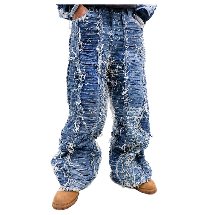 Braided Detailed Distressed Wide Leg Jeans Unisex