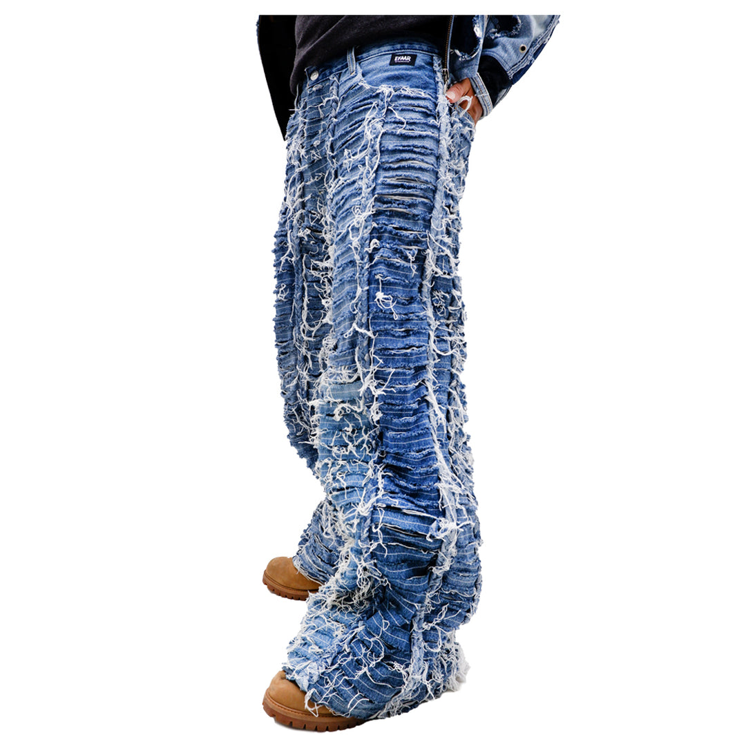 Braided Detailed Distressed Wide Leg Jeans Unisex