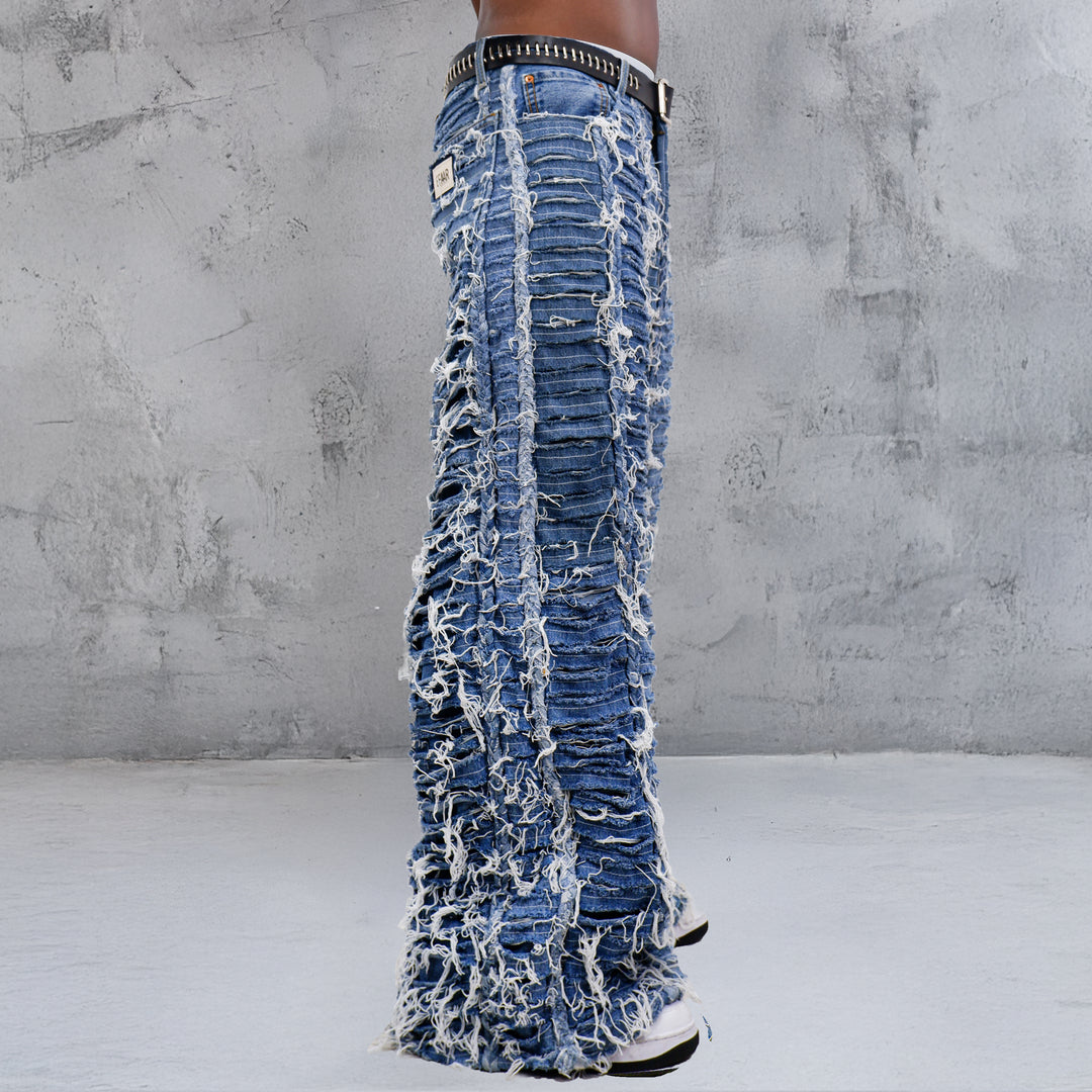 Braided Detailed Distressed Wide Leg Jeans Unisex