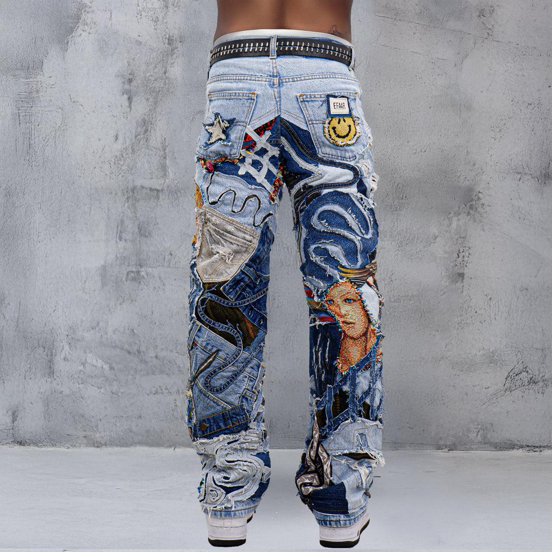 Denim Patched Zip Distressed Jeans Unisex