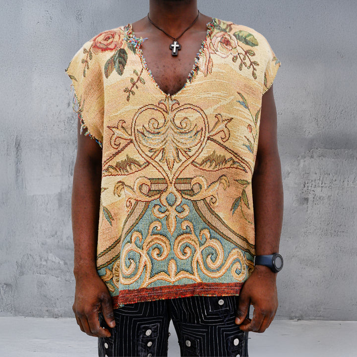 Mens Drop Shoulder Oversized Floral Tapestry Vest Distressed